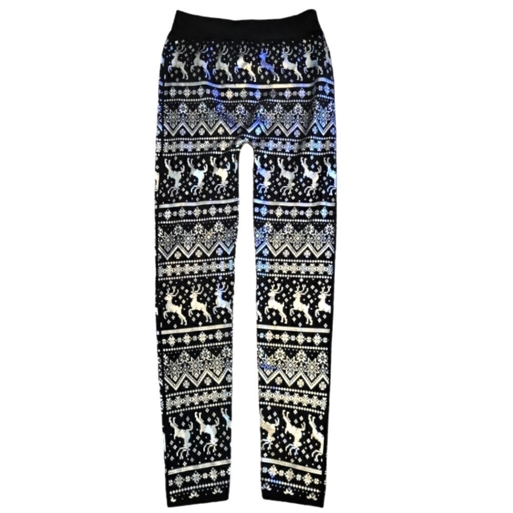 LN METALIC SILVER AND BLACK REINDEER AND SNOWFLAKE LEGGINGS SZ.S/M